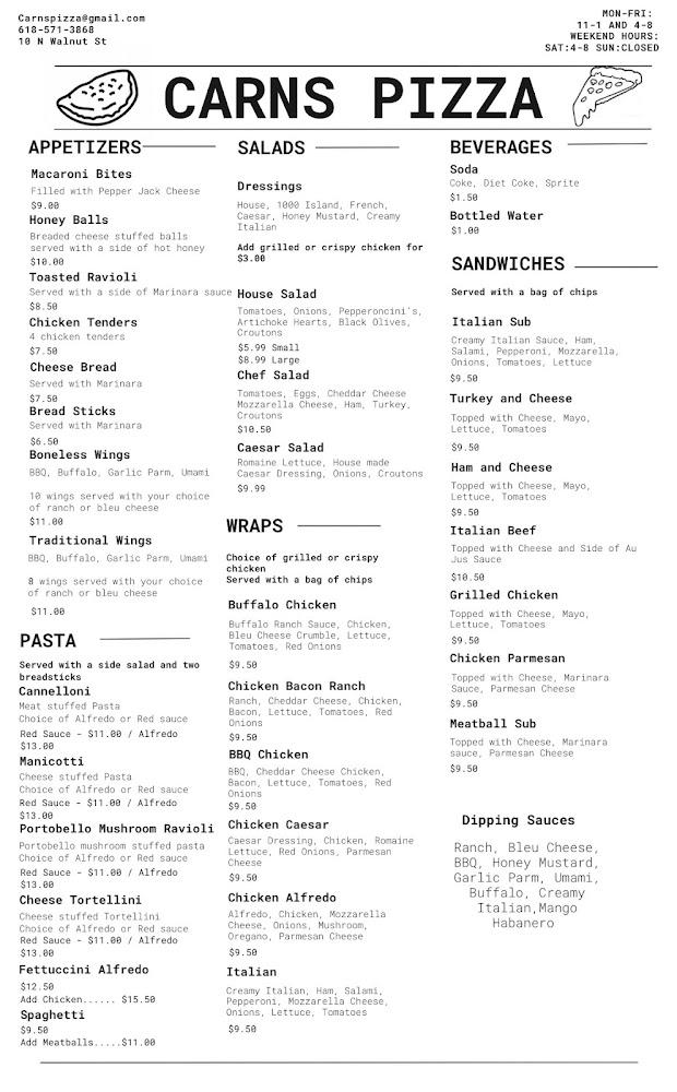 Carns Pizza Menu image 1